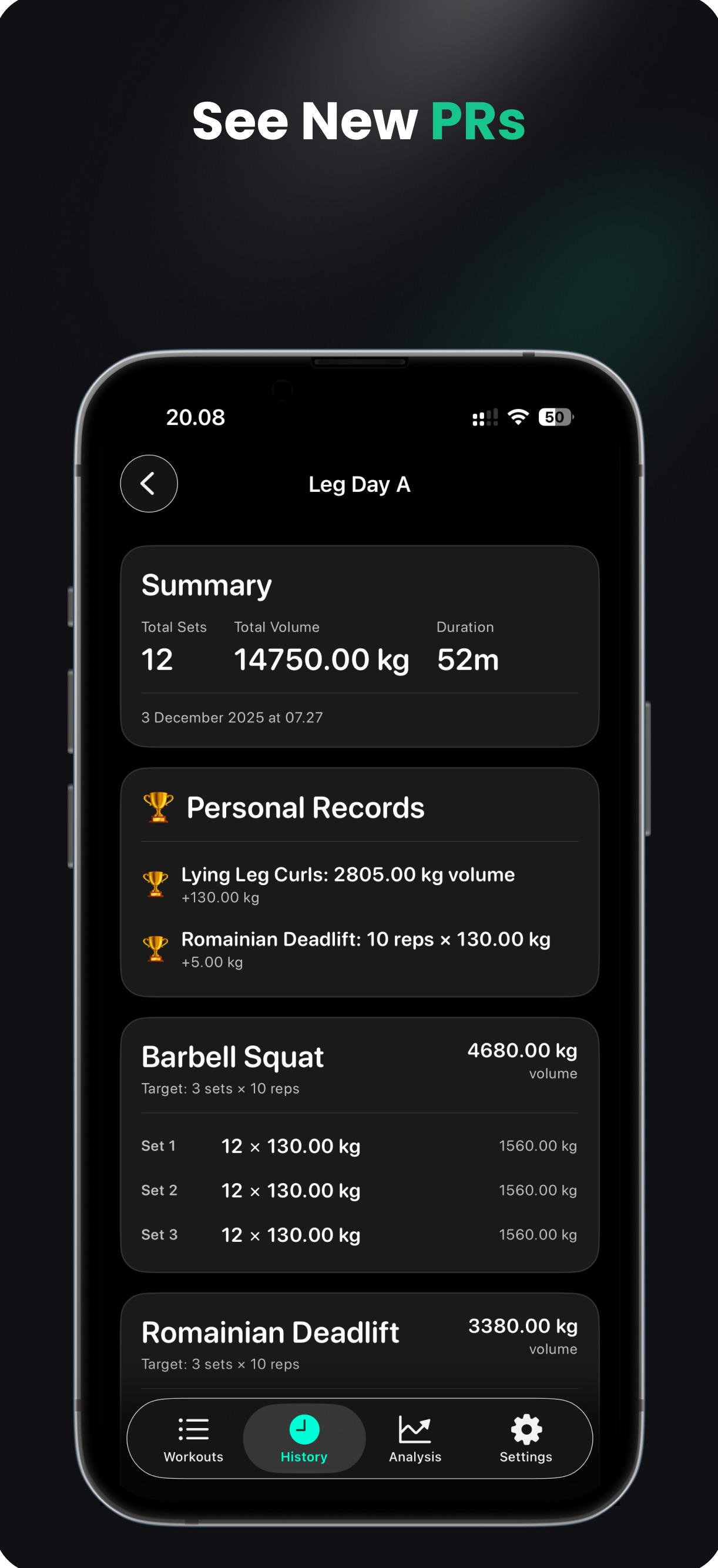 Workout summary with personal records in Straight Set