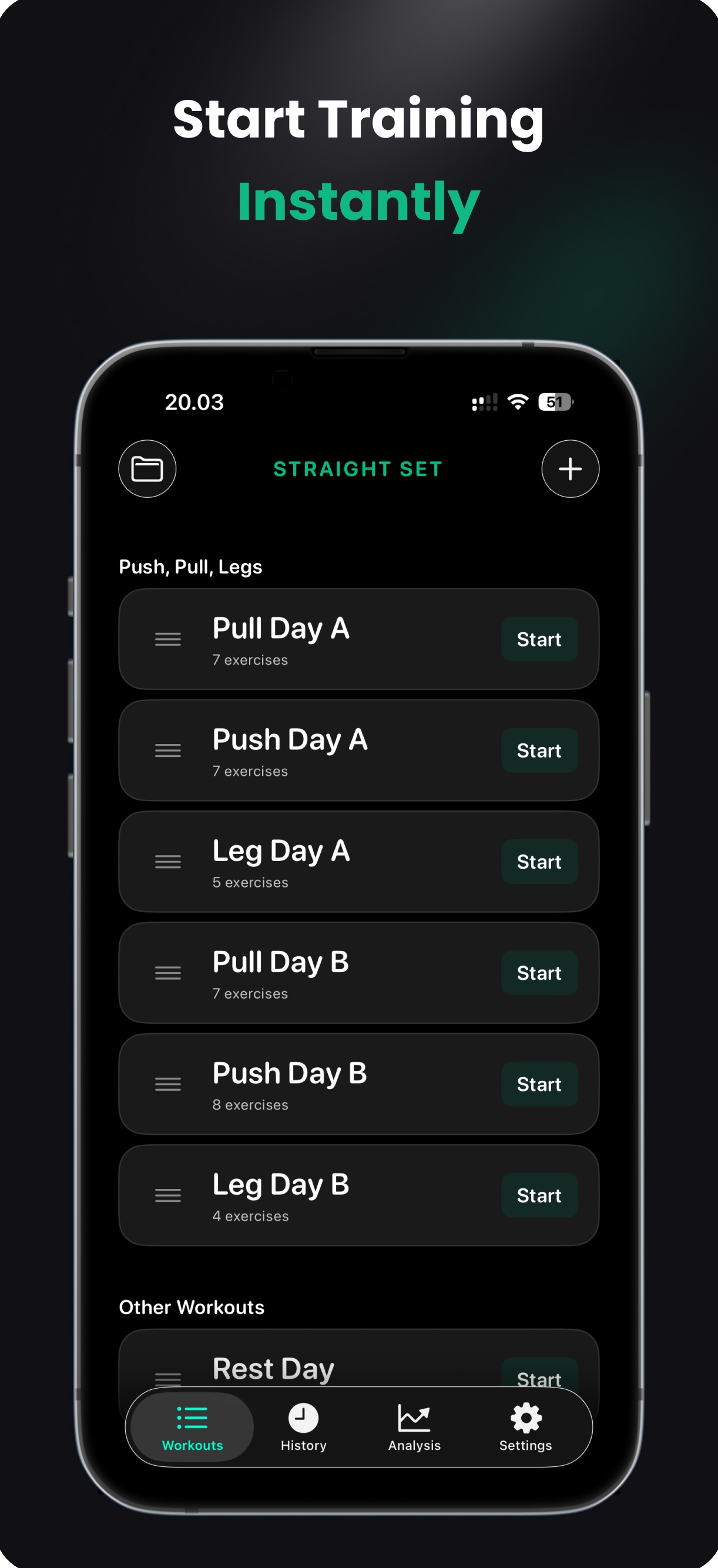 Straight Set workout list showing Push, Pull, Legs routines